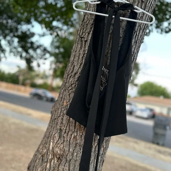 Edikted Goth Grunge Black Halter with Silver Chain Accents - Picture 7 of 7